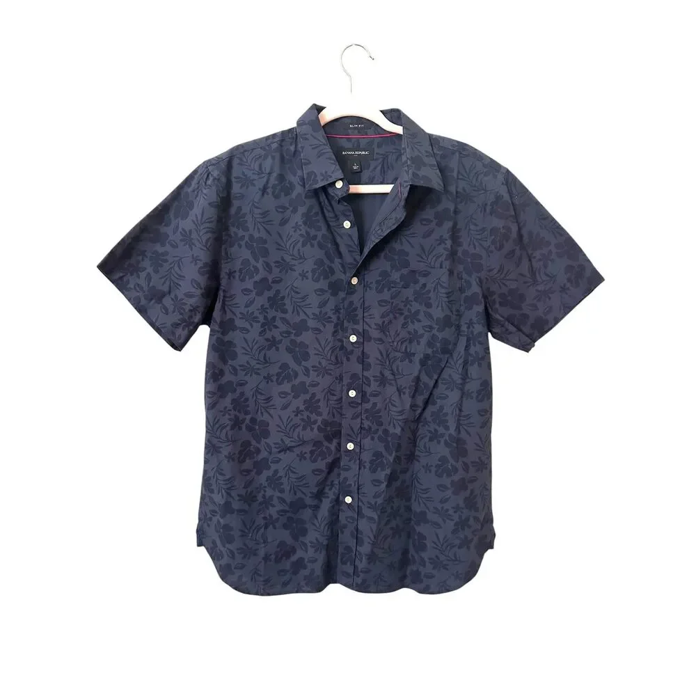 BANANA REPUBLIC Floral Short Sleeve Slim Button Down Blue Large